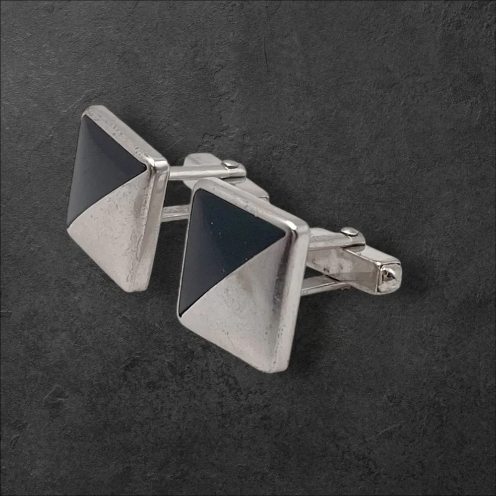 Elegant Vintage Anson Silver Tone a Black Cufflinks With Geometric Block Design